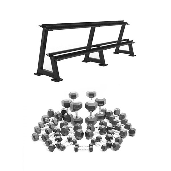 1-25kg Rubber Hex Dumbbell Package incl 2-Tier Double Bay Storage Rack