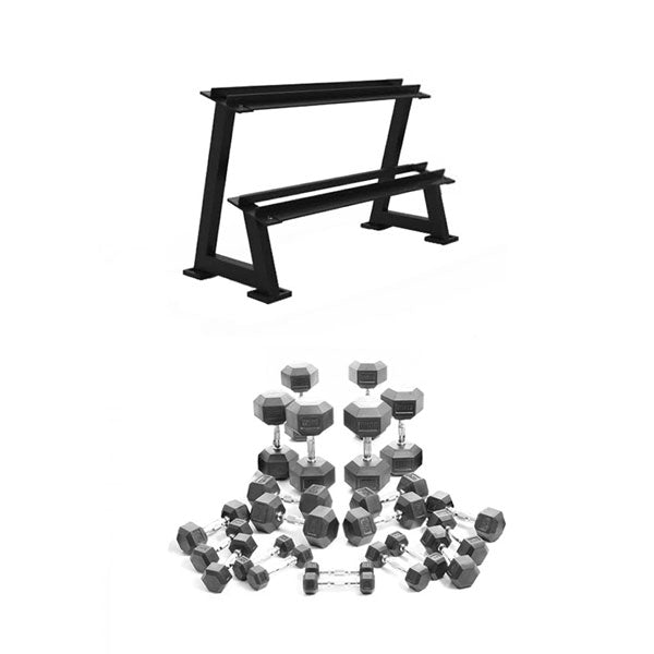 2.5-20kg Rubber Hex Dumbbell Package incl 2-Tier Single Bay Storage Rack