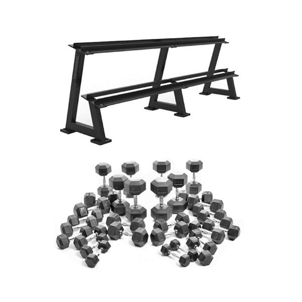 2.5-35kg Rubber Hex Dumbbell Package incl 2-Tier Double Bay Storage Rack