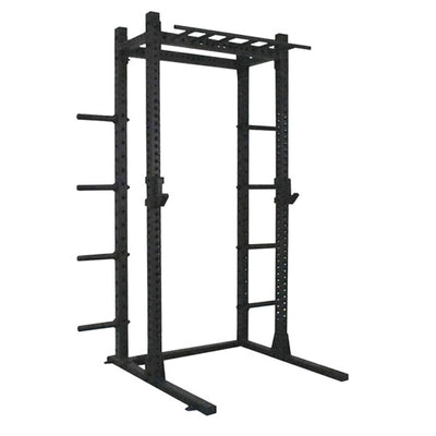 1RM branded black squat rack with premium j-hooks, multi-grip chin-up bar and olympic plate storage - shown on a white background