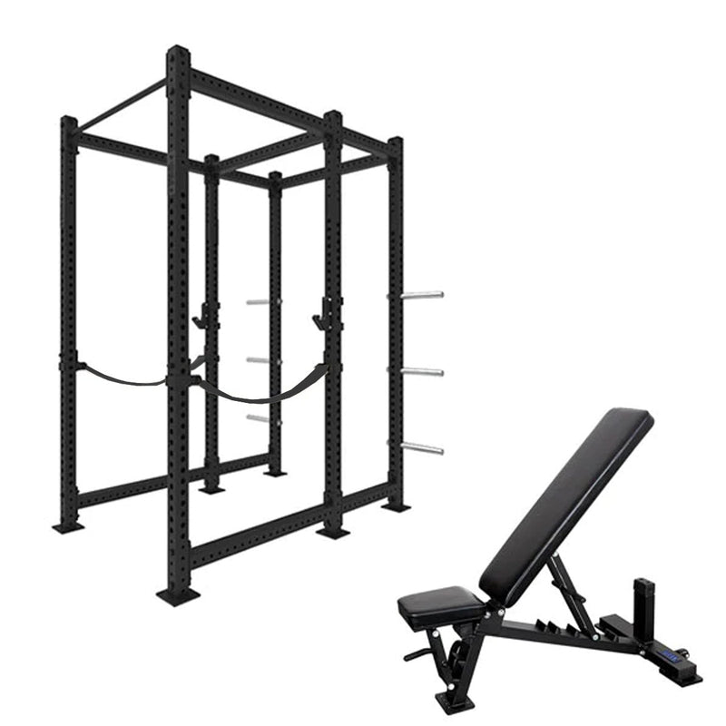 1RM Commercial Power Rack w Storage & Flat Incline Bench