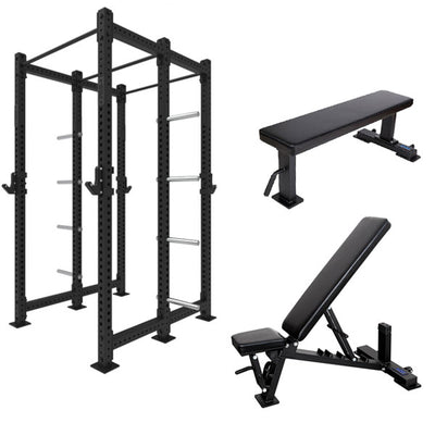 1RM Double Sided Commercial Power Rack w Storage & Flat Incline Bench & Flat Bench