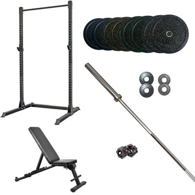 360 Strength Squat Rack, FID Bench & 128kg Bumpers Barbell Package