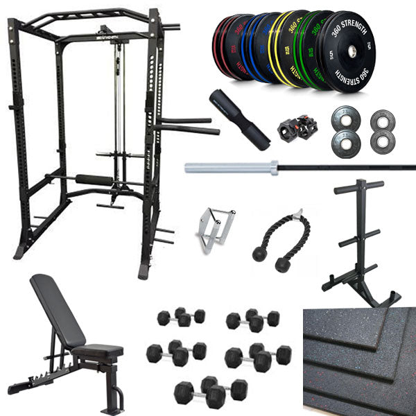360 Strength Power Rack, Lat Pulldown FID Bench Bumpers Bar Flooring Dumbbell Package