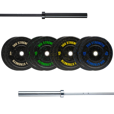 An olympic barbell and bumper plate package. 100kg in crumb bumper weight plates, shown with 2 olympic bars on a white background