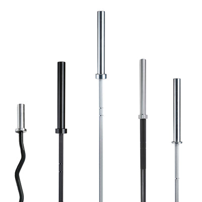 A selection of olympic bars  - hybrid bars, a powerlifting bar, a fat bar and an EZ curl bar - all commercial grade,  shown on a white background