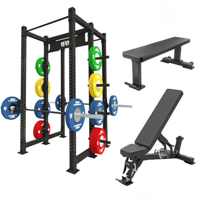 1RM Double Sided Commercial Power Rack w Storage & Flat Incline Bench & Flat Bench