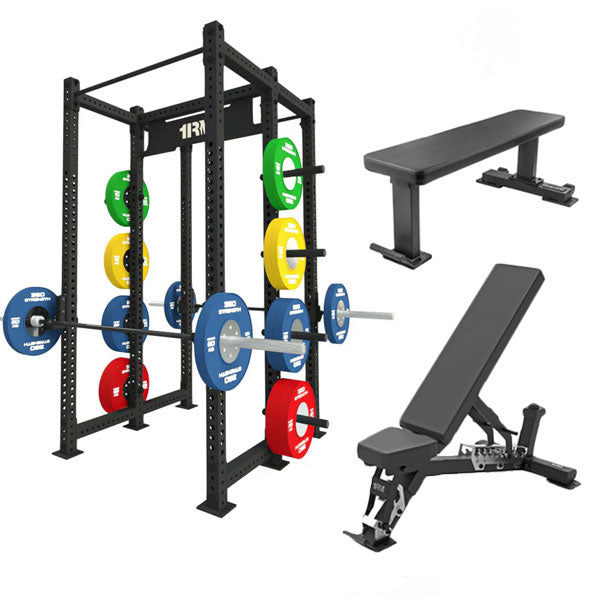 1RM Double Sided Commercial Power Rack w Storage & Flat Incline Bench & Flat Bench
