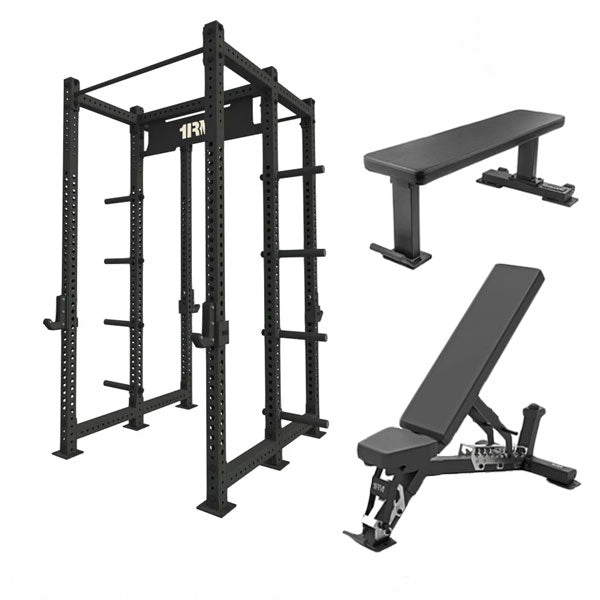 1RM Double Sided Commercial Power Rack w Storage & Flat Incline Bench & Flat Bench