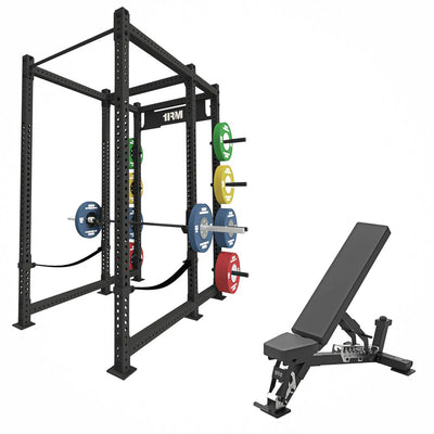 1RM Commercial Power Rack w Storage & Flat Incline Bench