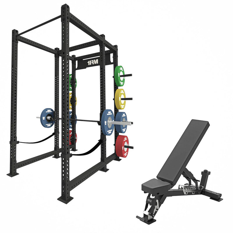 1RM Commercial Power Rack w Storage & Flat Incline Bench