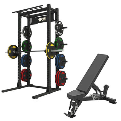 1RM Obsidian Squat Rack w Multi-Grip Chin, Storage & FI Bench | Commercial