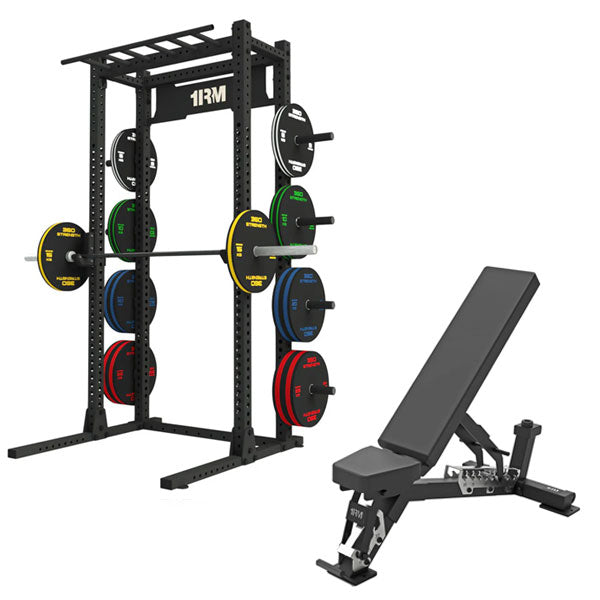 1RM Obsidian Squat Rack w Multi-Grip Chin, Storage & FI Bench | Commercial