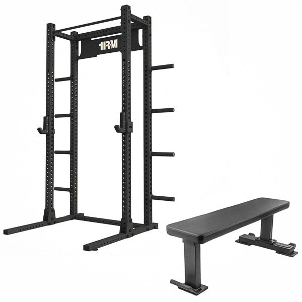 1RM Obsidian Squat Rack w Storage & Flat Bench | Commercial