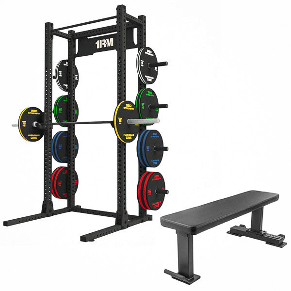 1RM Obsidian Squat Rack w Storage & Flat Bench | Commercial