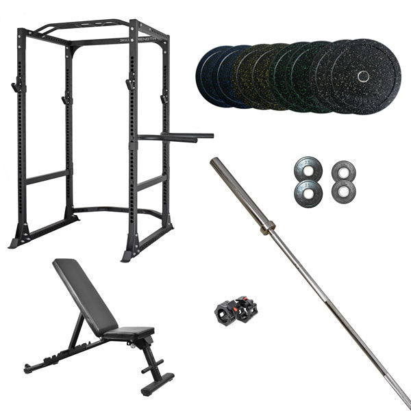 Power Rack FID bench & 128kg Bumpers Barbell Package