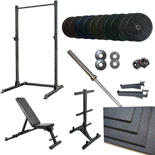 360 Strength Squat Rack, FID Bench & 178kg Bumpers Barbell Flooring Rack Package