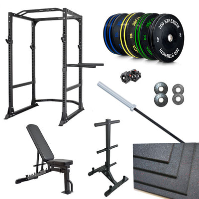 360 Strength Power Rack, FID Bench Bumpers Bar Flooring Storage Package