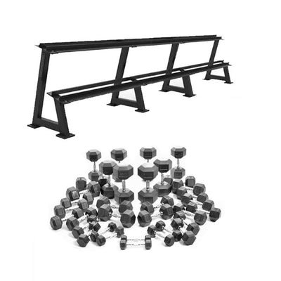 1-40kg Rubber Hex Dumbbell Package incl 2-Tier Triple Bay Storage Rack