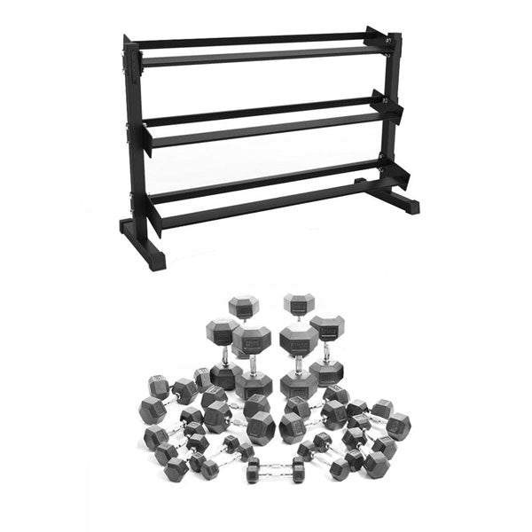 2.5-25kg Rubber Hex Dumbbell Package incl DRF3 Rack