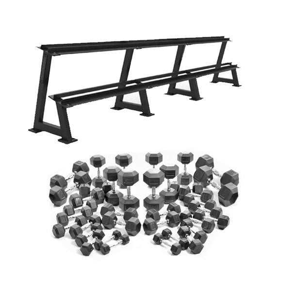 5-50kg Rubber Hex Dumbbell Package incl 2-Tier Triple Bay Storage Rack